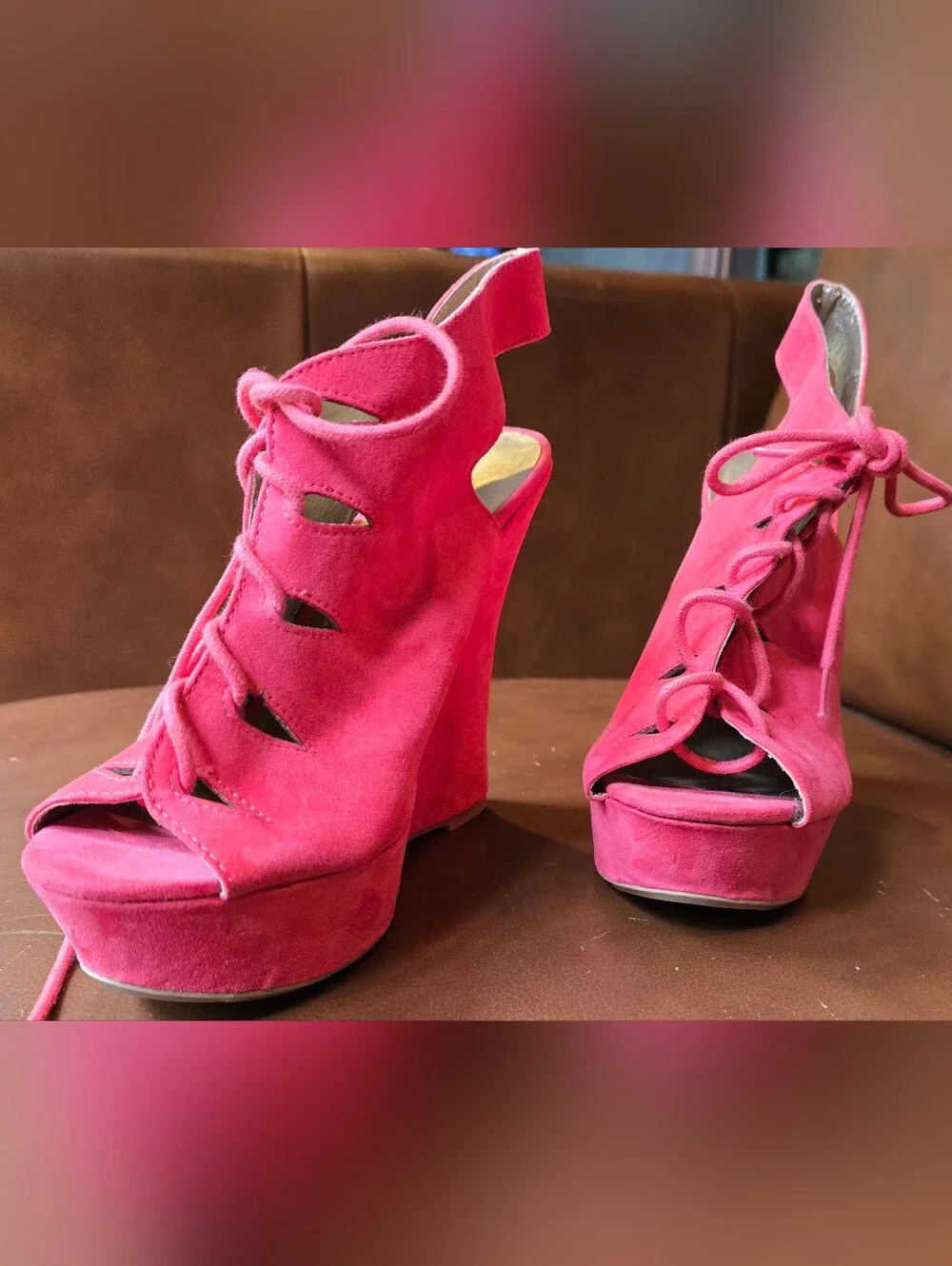 Charlotte Russe Hot Pink Lace-Up Suede Wedge Sandals